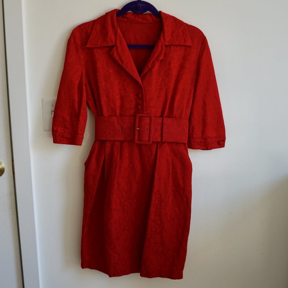 Vintage Italian Mod Belted Button-Up Dress Jacquard Mad Men 60's